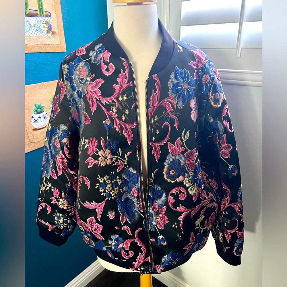 New! Never used bomber embroidered jacket. Black w/pink, blue & gold.  XL